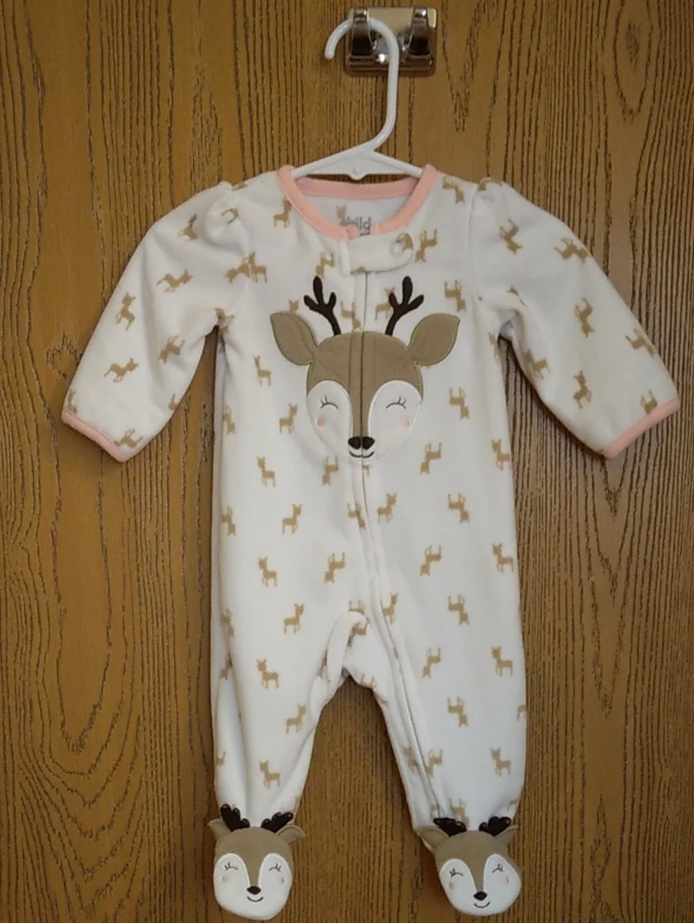 child of mine By Carters Cream Fleece Deer Footed One-Piece with Pink Trim